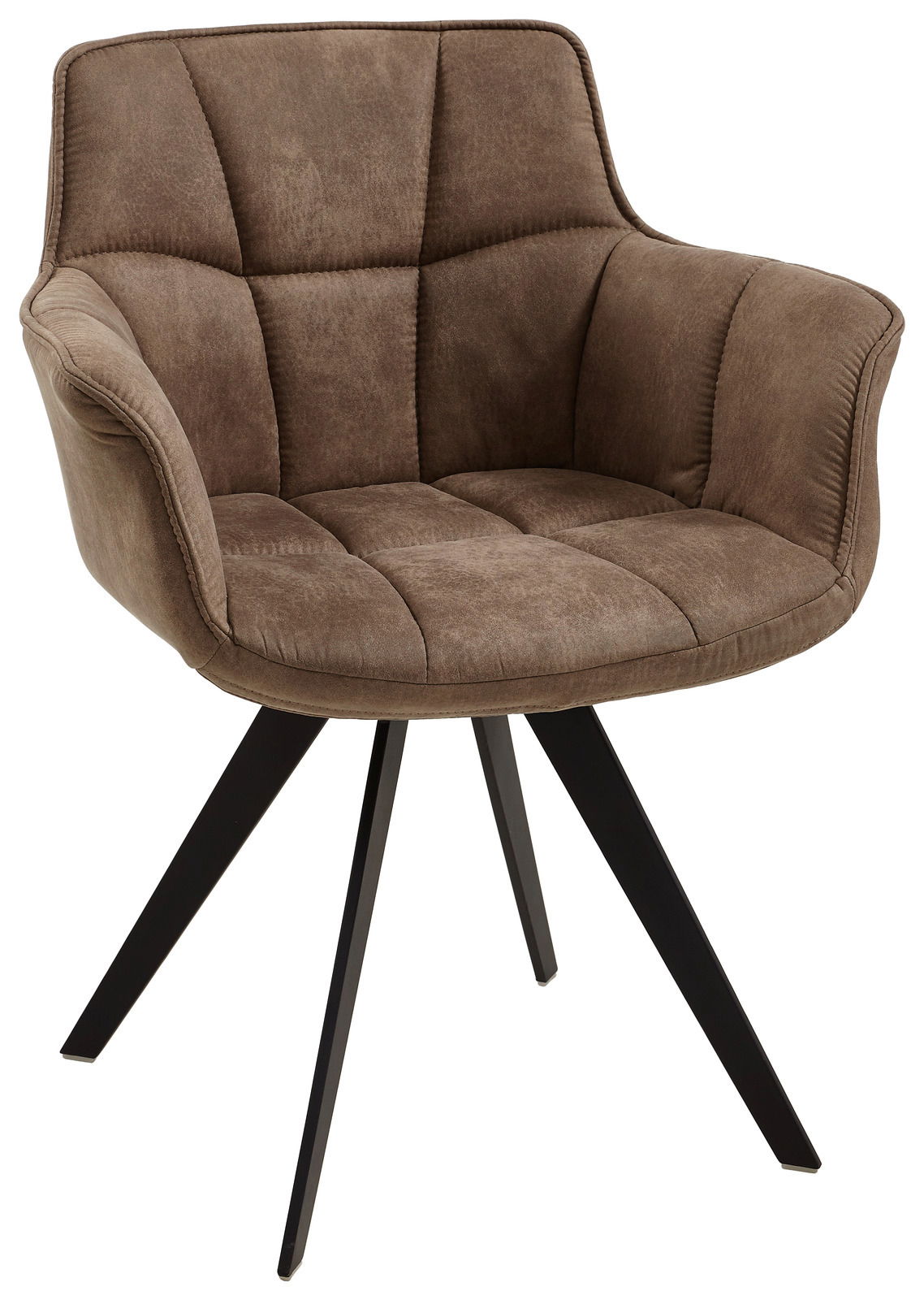 Brauner Sessel mit gepolstertem Sitz und Rückenlehne, schwarzes Metallgestell, seitliche Perspektive