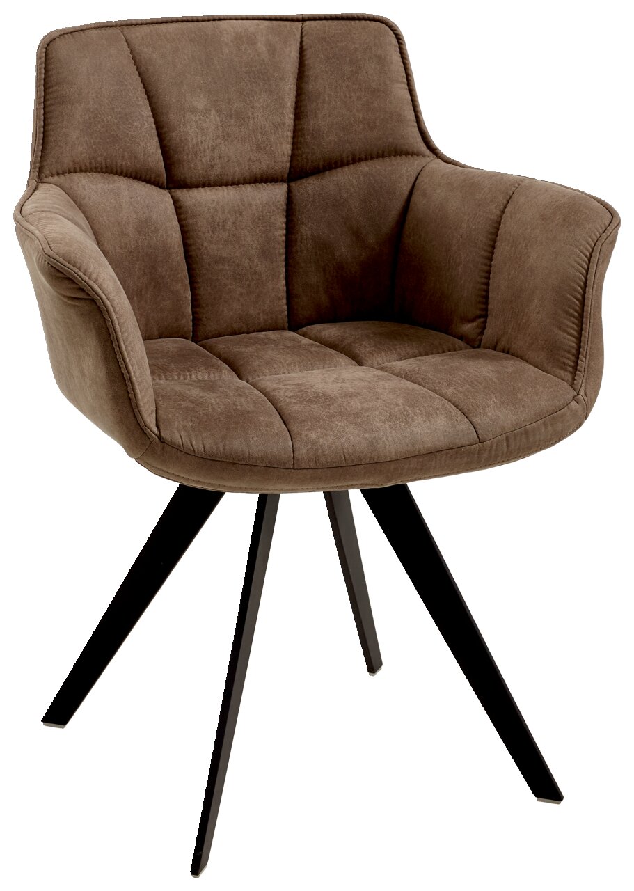 Brauner Sessel mit gepolstertem Sitz und Rückenlehne, schwarzes Metallgestell, seitliche Perspektive