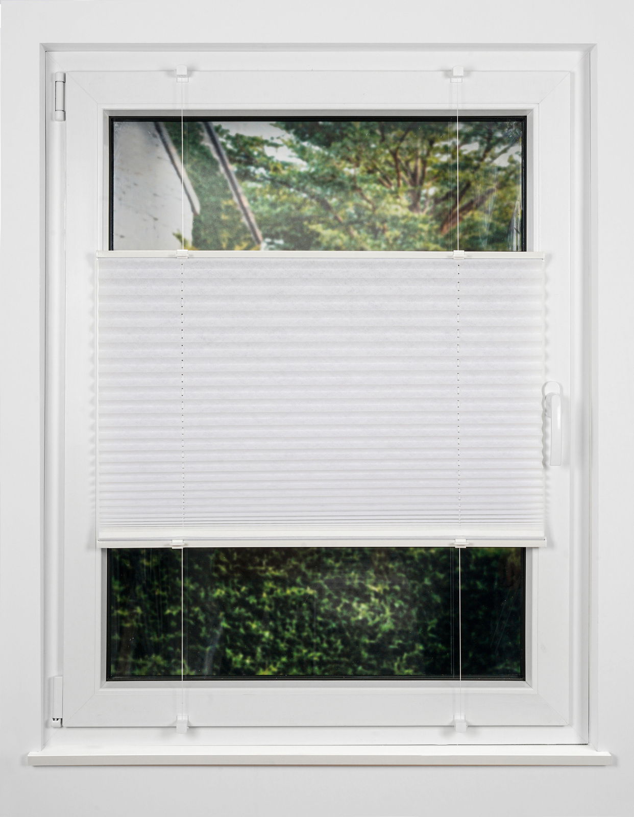 Weiße Plissee-Jalousie an einem Fenster, halb heruntergelassen, mit Blick auf einen Garten. Frontalansicht.