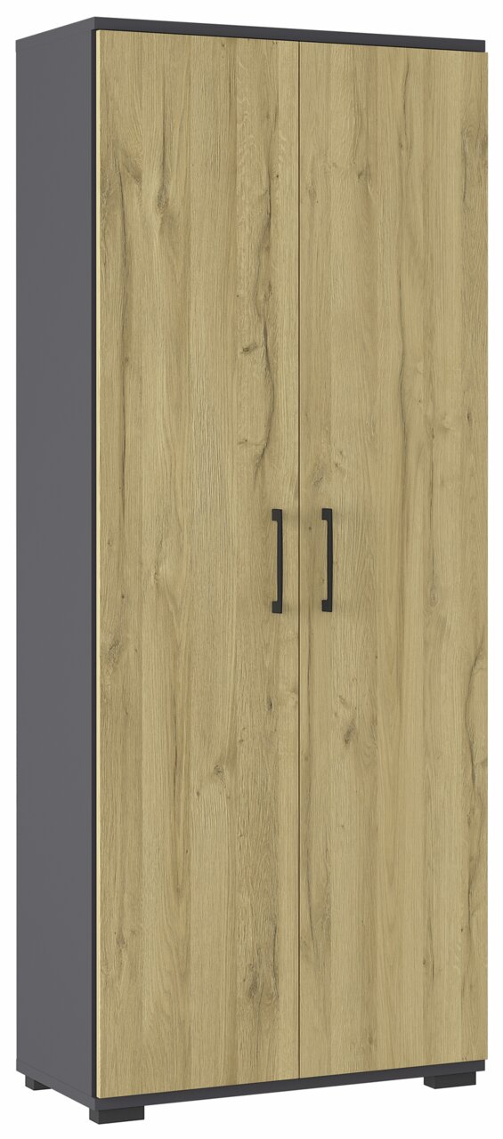 Aktenschrank mit Holzoptik und schwarzen Griffen, Frontalansicht