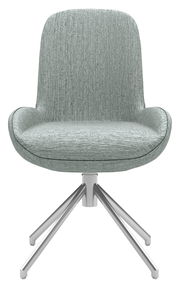 Moderner Stuhl mit grünem Stoffbezug und Metallgestell, Frontalansicht