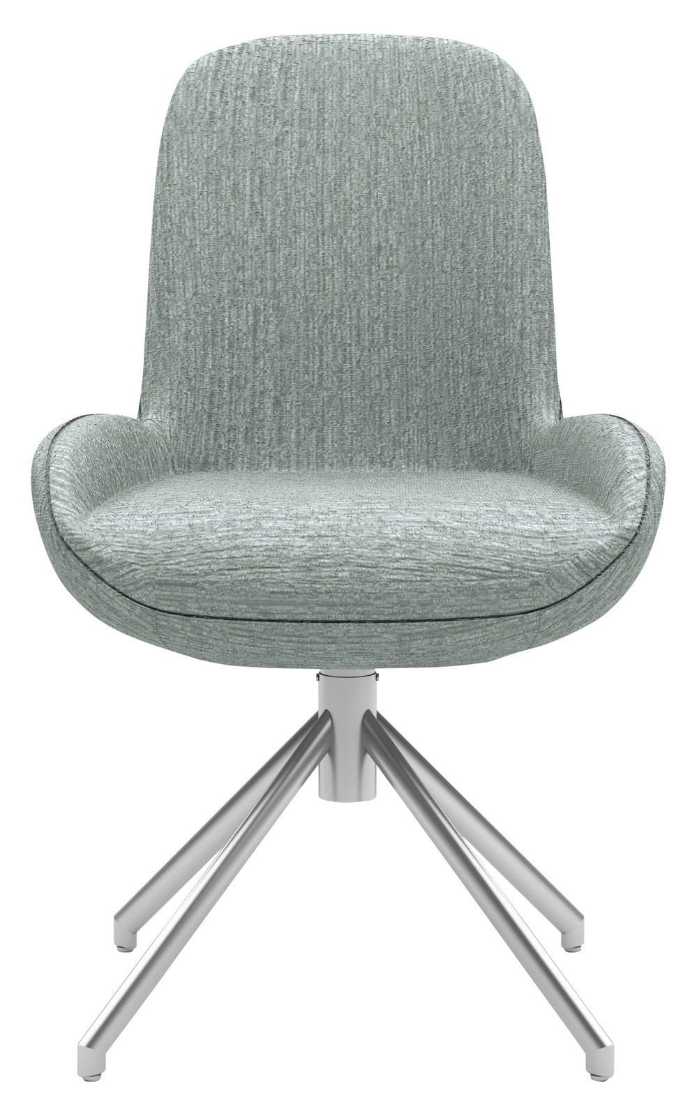 Moderner Stuhl mit grünem Stoffbezug und Metallgestell, Frontalansicht