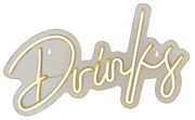 LED Neon Schild mit dem Schriftzug 'Drinks' in gelber Beleuchtung, frontal betrachtet.