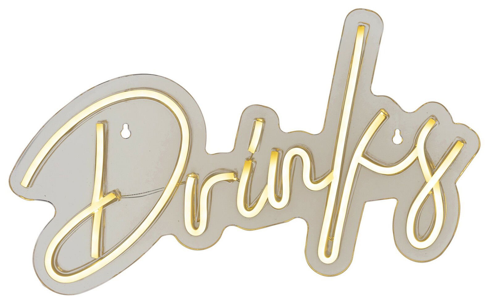 LED Neon Schild mit dem Schriftzug 'Drinks' in gelber Beleuchtung, frontal betrachtet.
