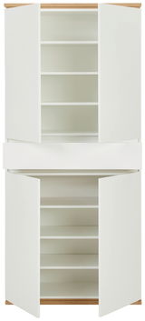 Weißer XXL-Schuhschrank mit offenen Türen, zeigt mehrere Regalböden, Frontalansicht