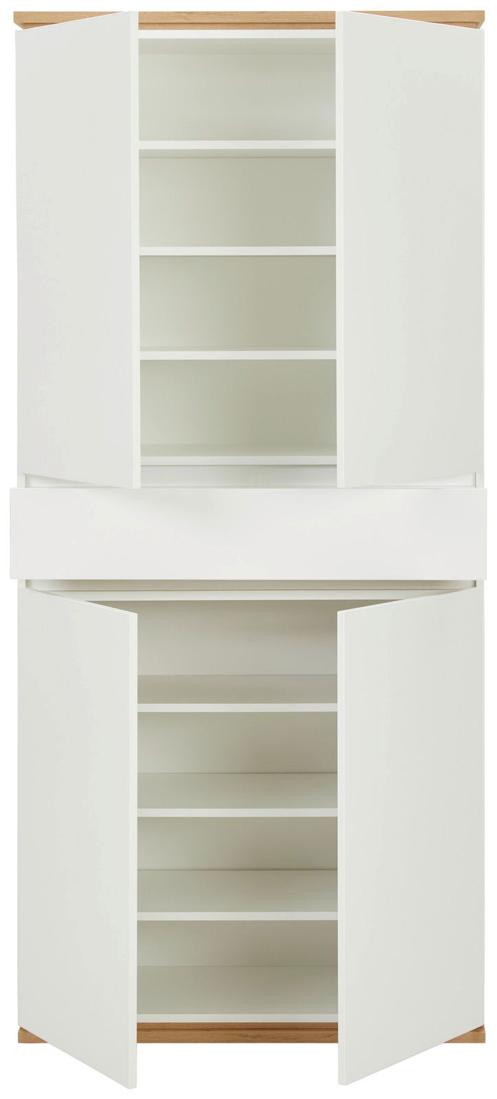 Weißer XXL-Schuhschrank mit offenen Türen, zeigt mehrere Regalböden, Frontalansicht