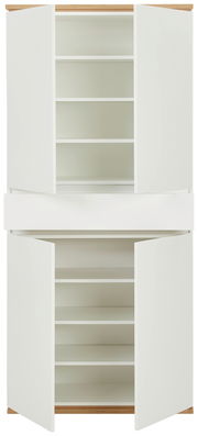 Weißer XXL-Schuhschrank mit offenen Türen, zeigt mehrere Regalböden, Frontalansicht