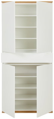 Weißer XXL-Schuhschrank mit offenen Türen, zeigt mehrere Regalböden, Frontalansicht