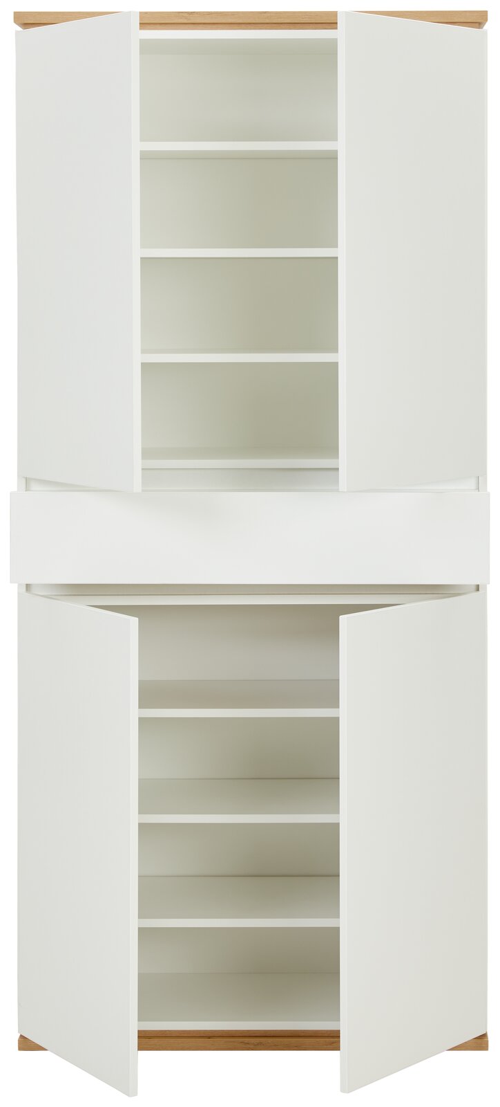 Weißer XXL-Schuhschrank mit offenen Türen, zeigt mehrere Regalböden, Frontalansicht