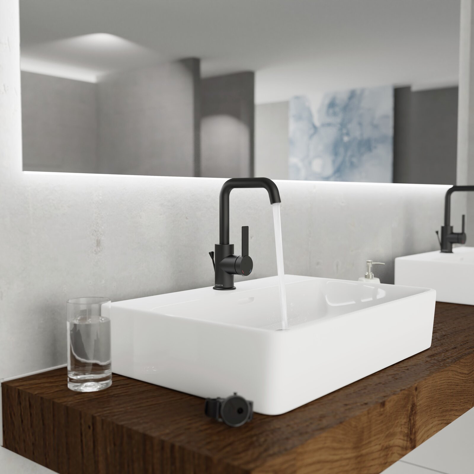 Moderne schwarze Waschtischarmatur mit rechteckigem Waschbecken, seitliche Perspektive