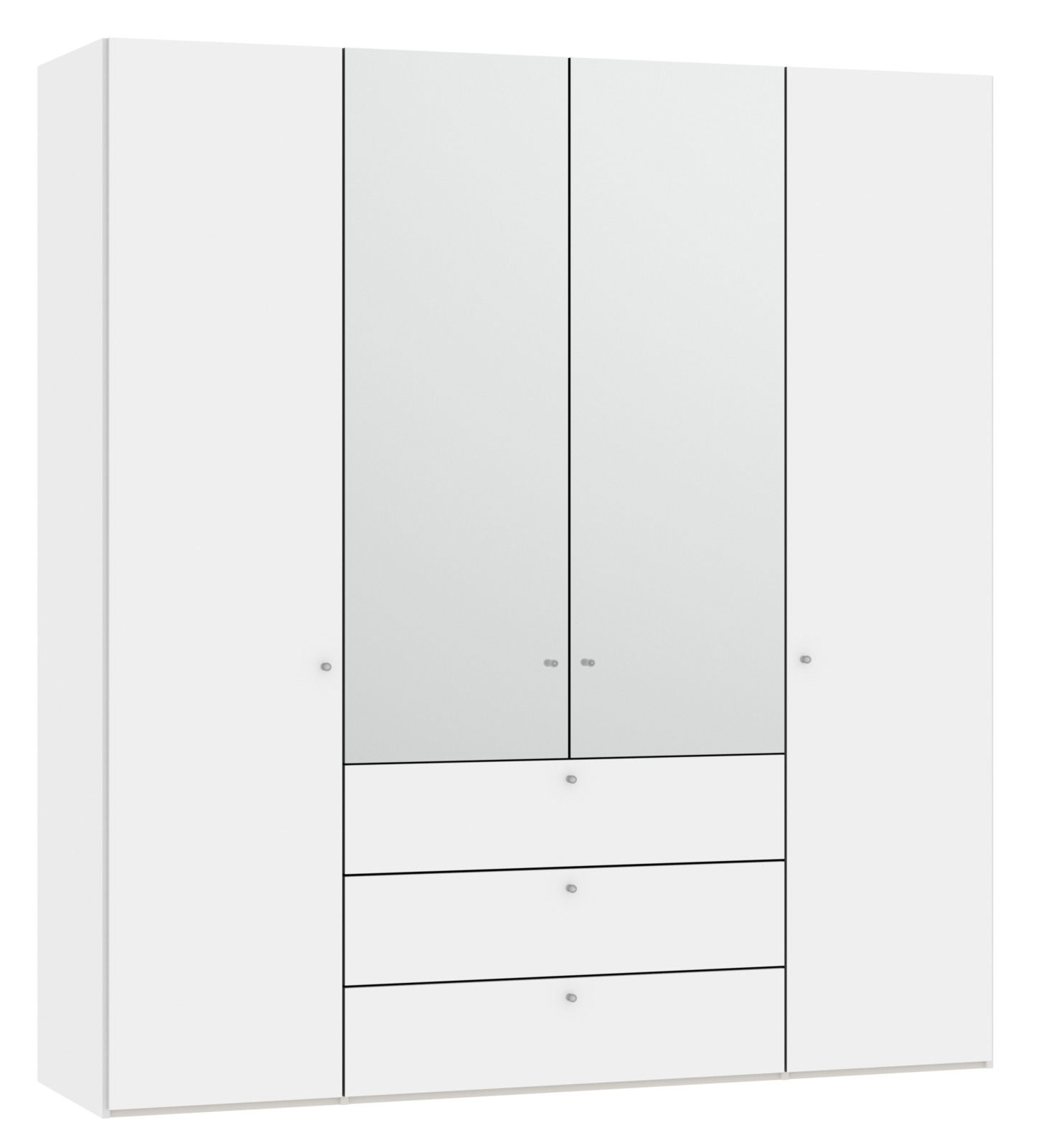 Weißer viertüriger Drehtürenschrank mit zwei Spiegeltüren und drei Schubladen, Frontalansicht.