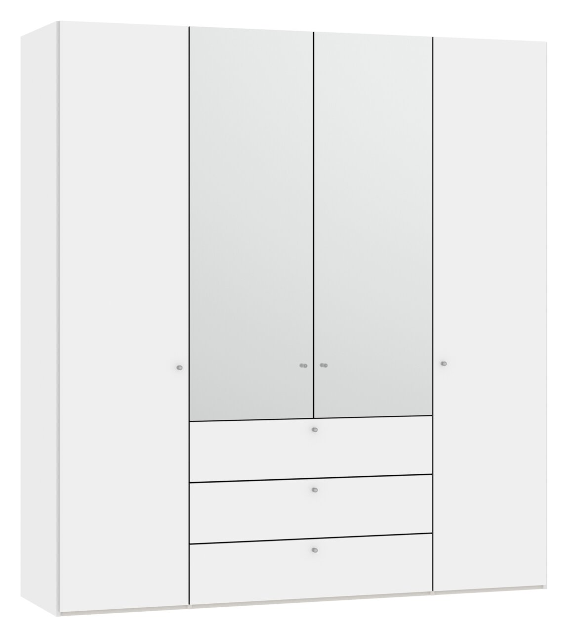 Weißer viertüriger Drehtürenschrank mit zwei Spiegeltüren und drei Schubladen, Frontalansicht.