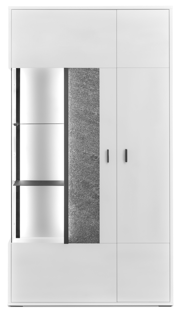 Weiße Vitrine mit Glaselementen und grauer Struktur, frontal betrachtet.