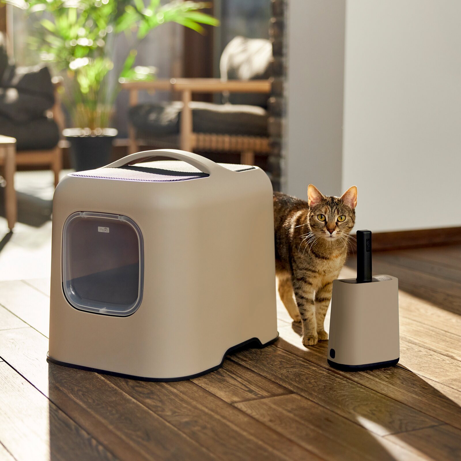 Reinigingsset voor kattenbakvulling met een modern ontwerp, bestaande uit een beige kattenbak en bijpassend schoonmaakgereedschap, met op de voorgrond een kat ernaast.