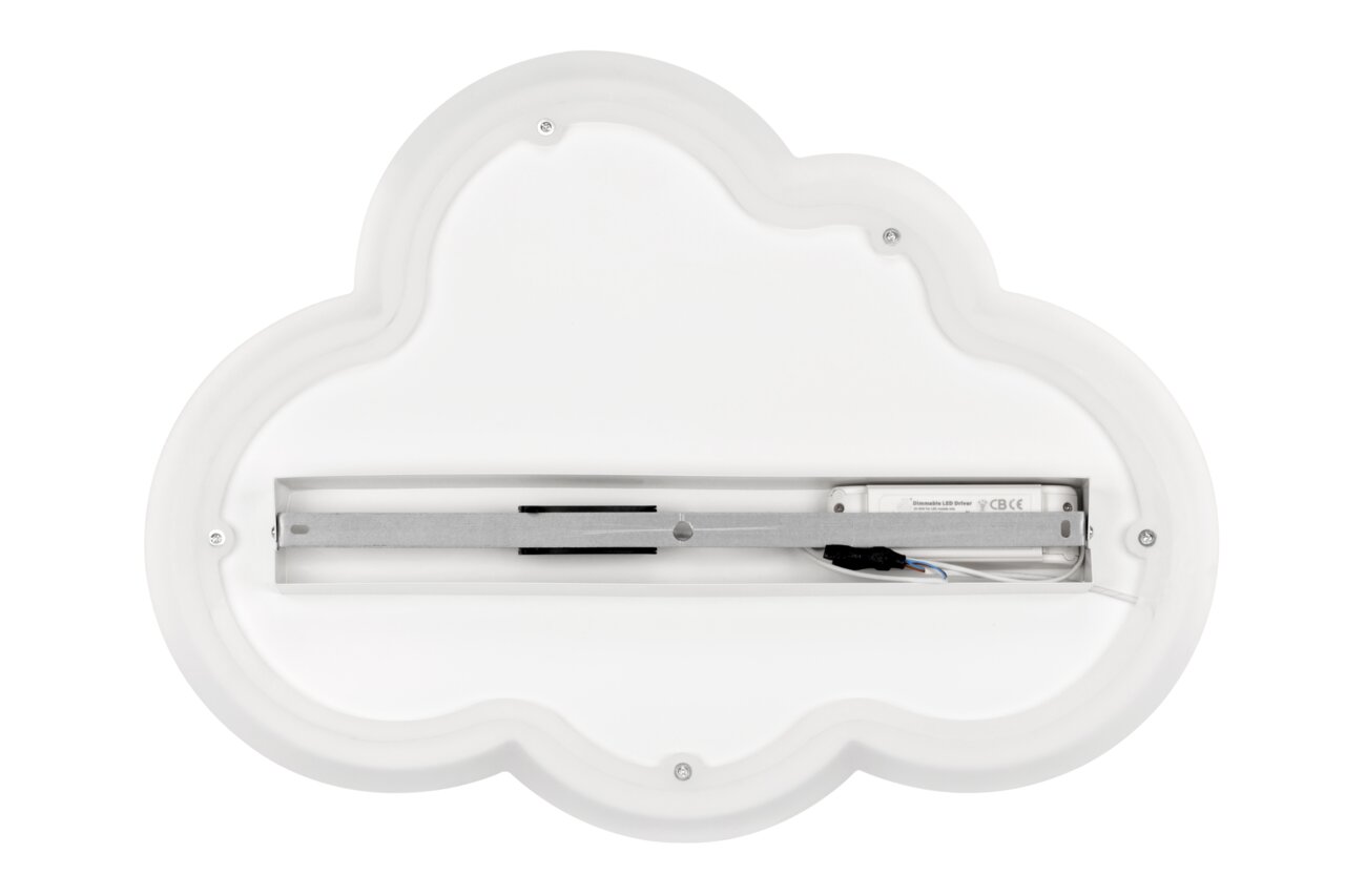 Rückansicht einer wolkenförmigen LED-Deckenleuchte mit sichtbarer Halterung und Verkabelung.