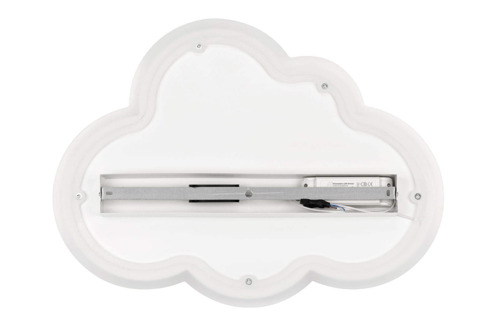 Rückansicht einer wolkenförmigen LED-Deckenleuchte mit sichtbarer Halterung und Verkabelung.
