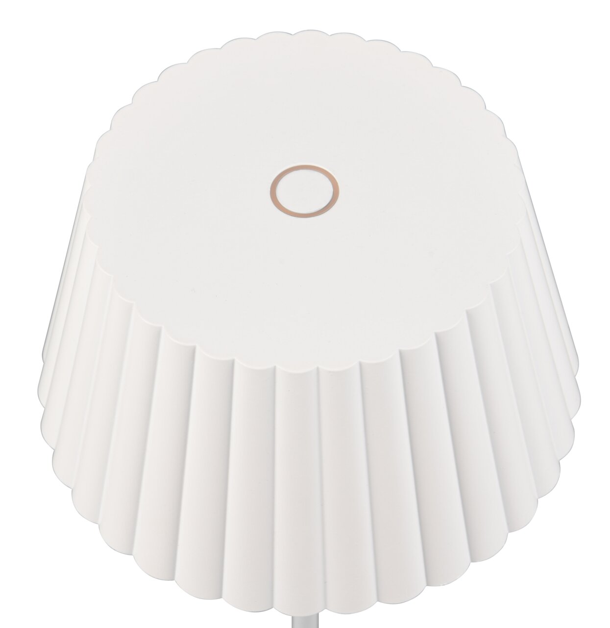 Weiße, geriffelte Akku-Stehleuchte SUAREZ von oben betrachtet