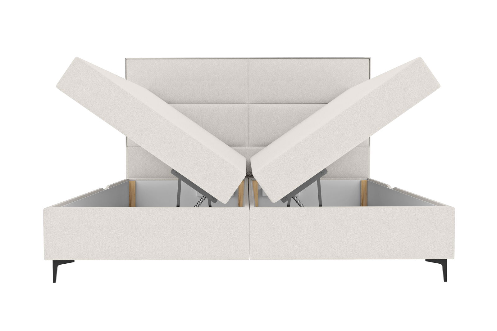 Frontale Ansicht eines Boxspringbetts mit hochgeklappten Matratzen, die den Stauraum darunter zeigen.