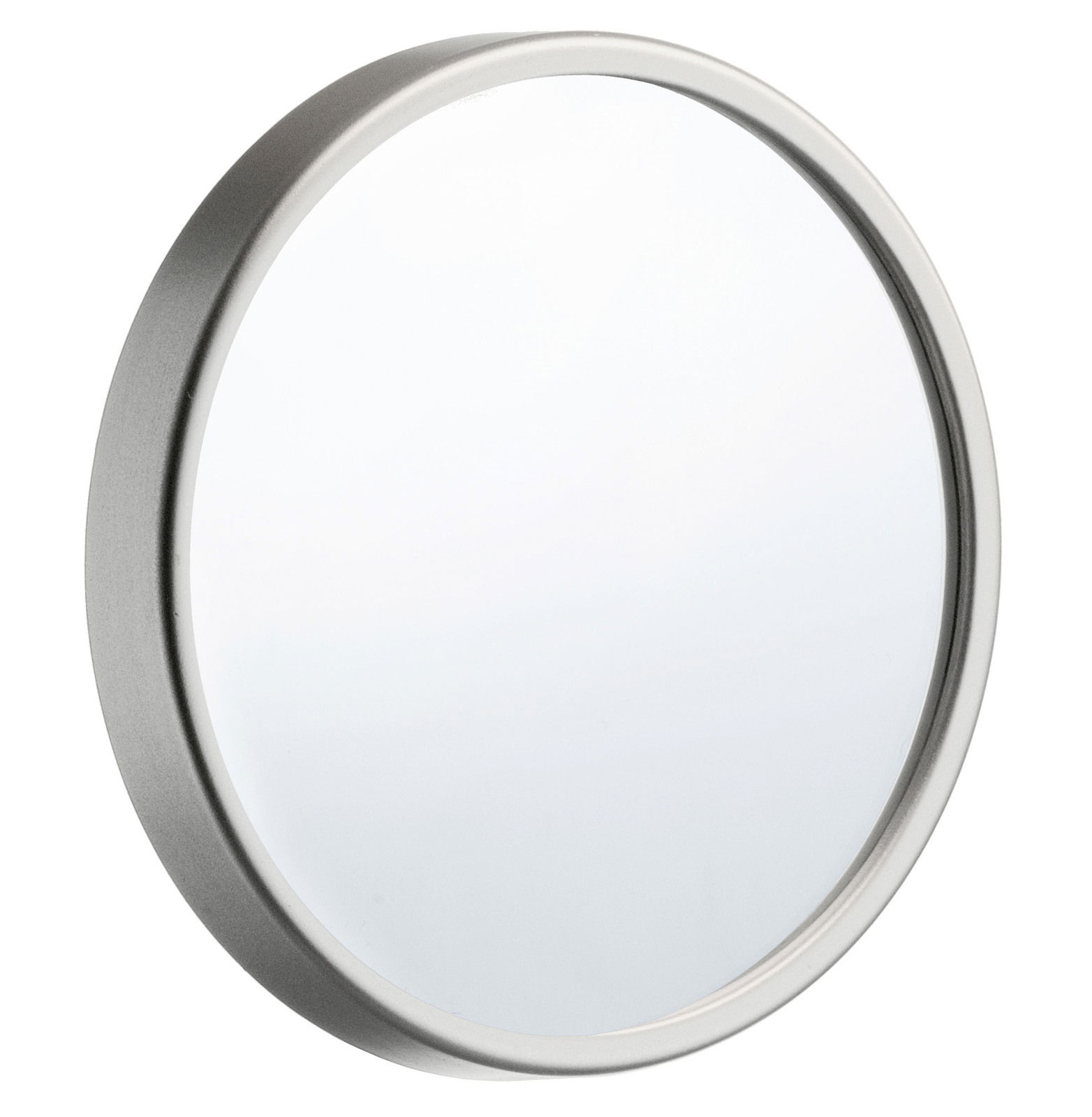 Runder Wandspiegel mit silbernem Rahmen, seitliche Perspektive