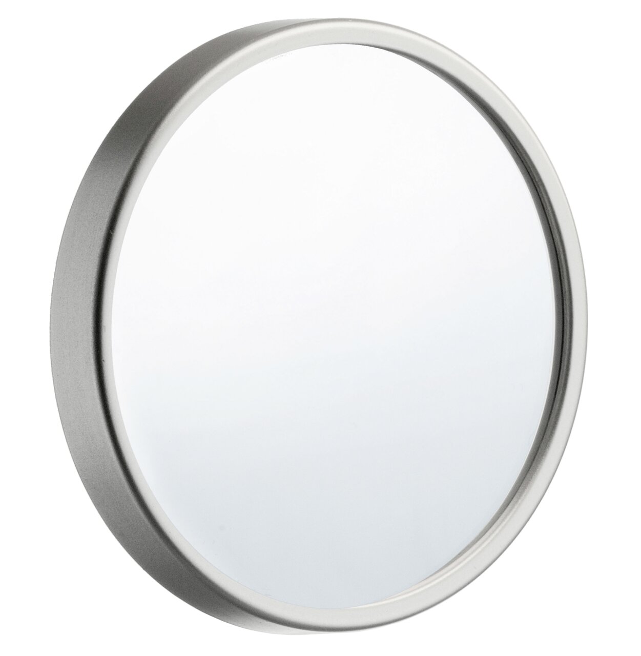 Runder Wandspiegel mit silbernem Rahmen, seitliche Perspektive