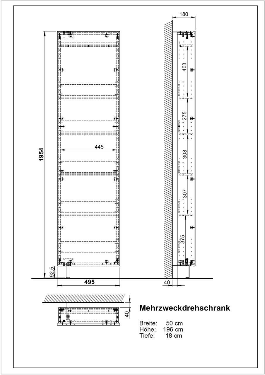 Technische Zeichnung eines Mehrzweckdrehschranks mit den Maßen Breite: 50 cm, Höhe: 196 cm, Tiefe: 18 cm, Vorder- und Seitenansicht.