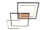 Moderne LED-Deckenleuchte mit drei überlappenden quadratischen Rahmen in Schwarz und Holzoptik, von unten betrachtet.