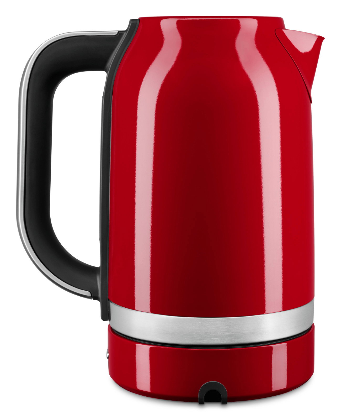 Roter Wasserkocher mit schwarzem Griff, seitliche Ansicht