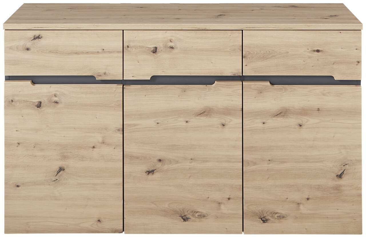 Vooraanzicht van een modern dressoir van licht hout met drie lades en twee deuren.
