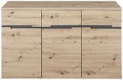 Frontale Ansicht eines modernen Sideboards aus hellem Holz mit drei Schubladen und zwei Türen.