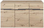 Frontale Ansicht eines modernen Sideboards aus hellem Holz mit drei Schubladen und zwei Türen.