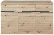 Frontale Ansicht eines modernen Sideboards aus hellem Holz mit drei Schubladen und zwei Türen.