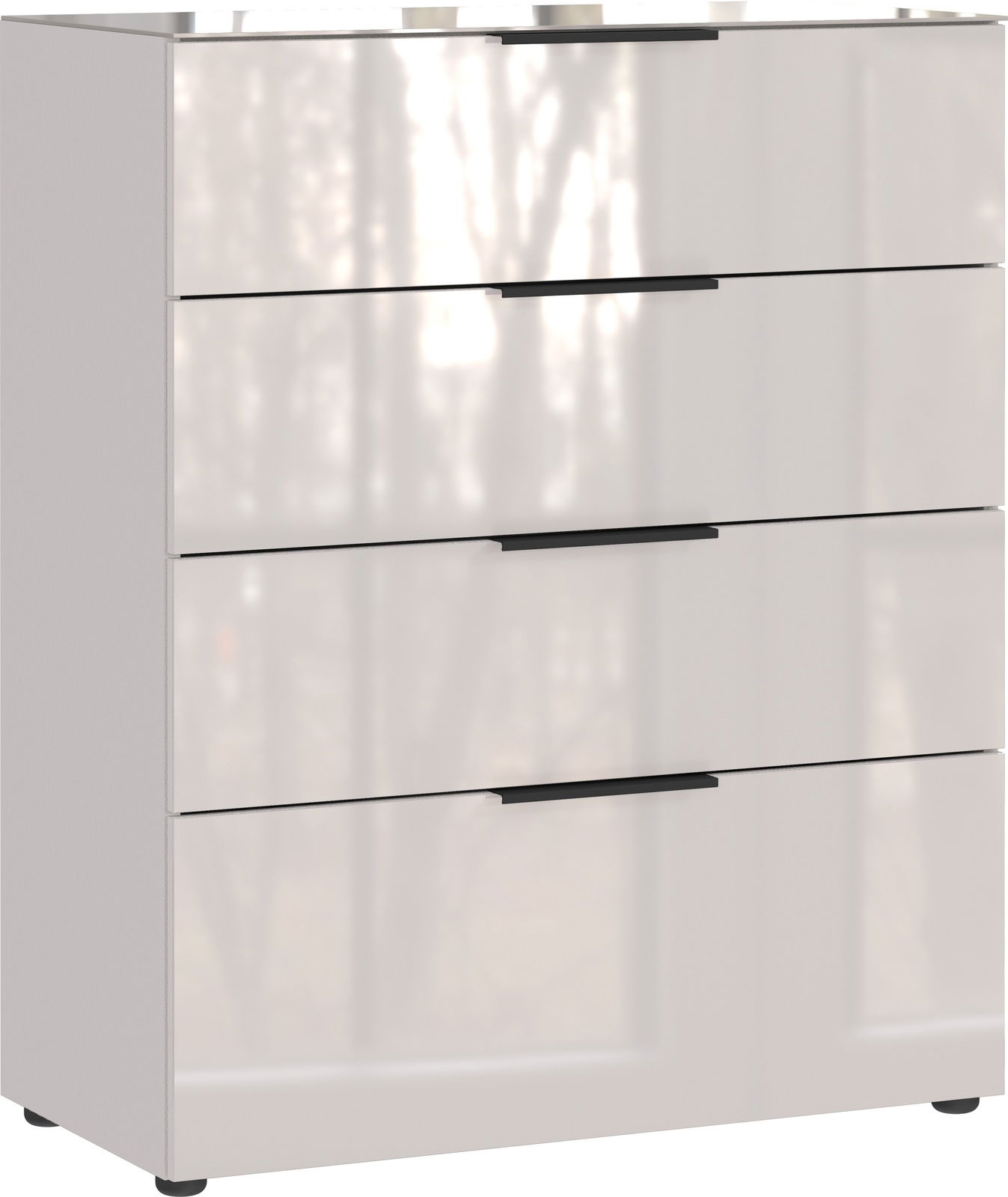 Schubkastenkommode mit vier Schubladen, glänzend weiß, seitliche Perspektive