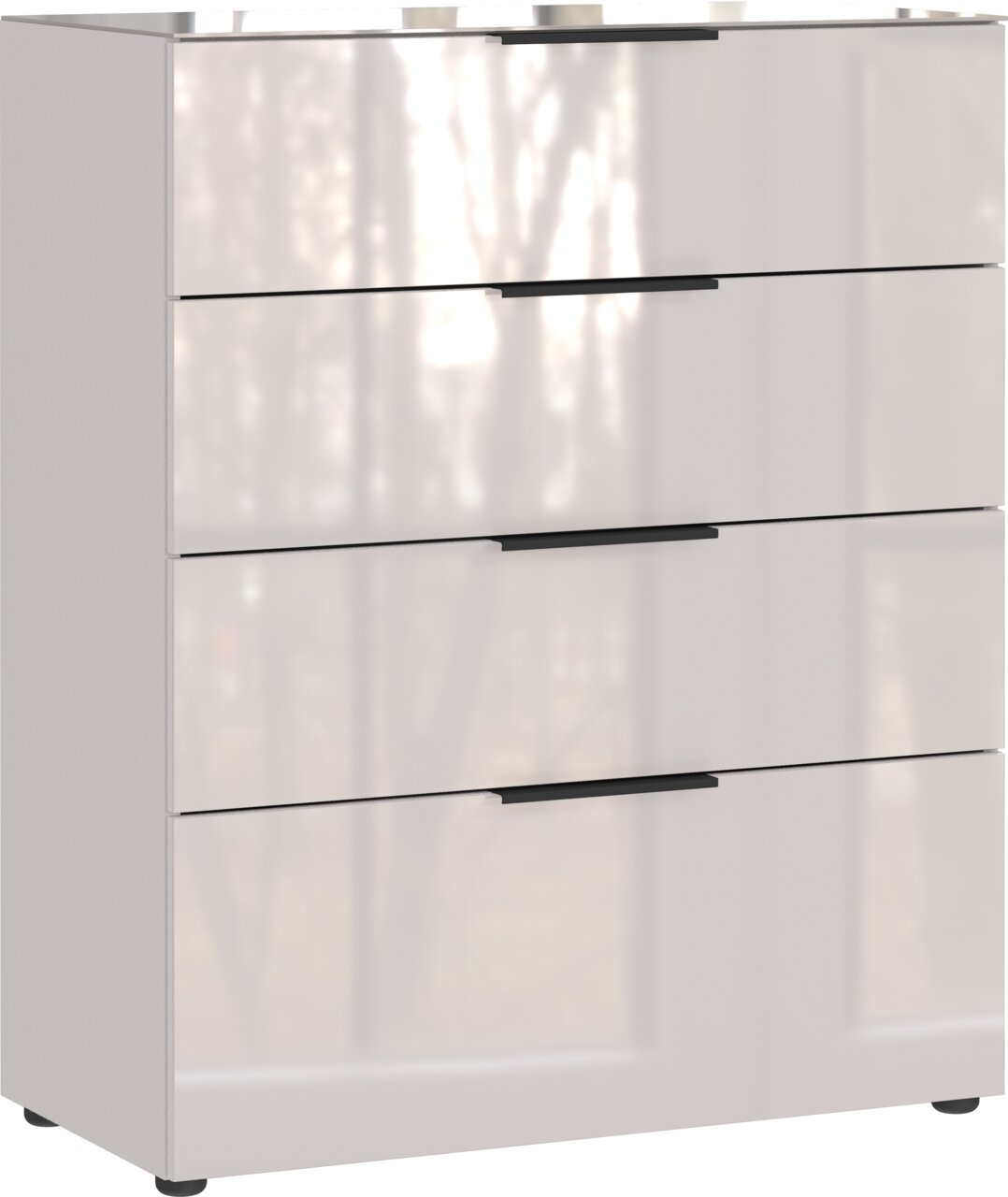 Schubkastenkommode mit vier Schubladen, glänzend weiß, seitliche Perspektive