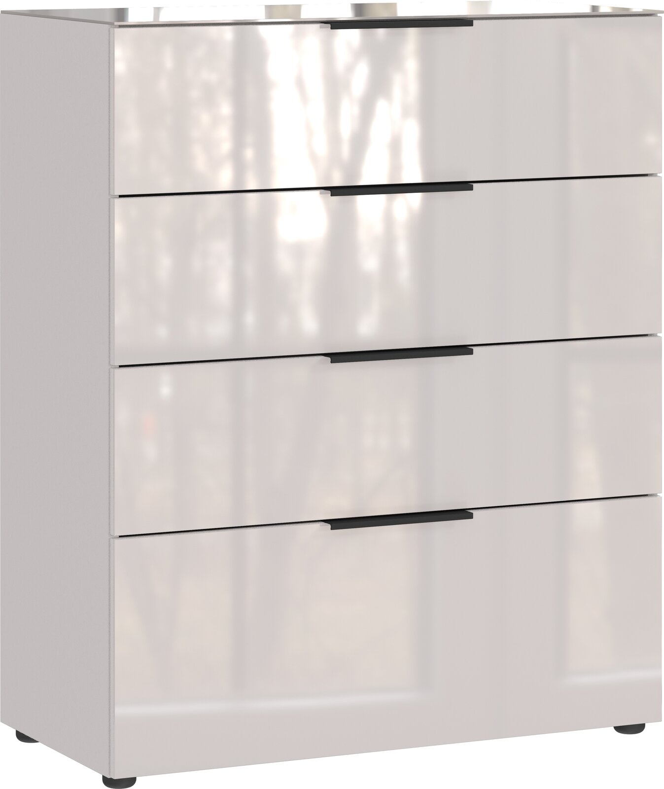 Schubkastenkommode mit vier Schubladen, glänzend weiß, seitliche Perspektive