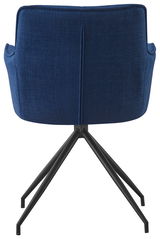 Rückansicht eines blauen Armlehnstuhls mit schwarzem Metallgestell