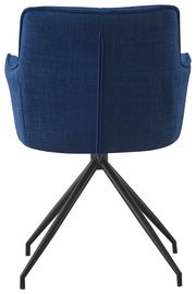 Rückansicht eines blauen Armlehnstuhls mit schwarzem Metallgestell