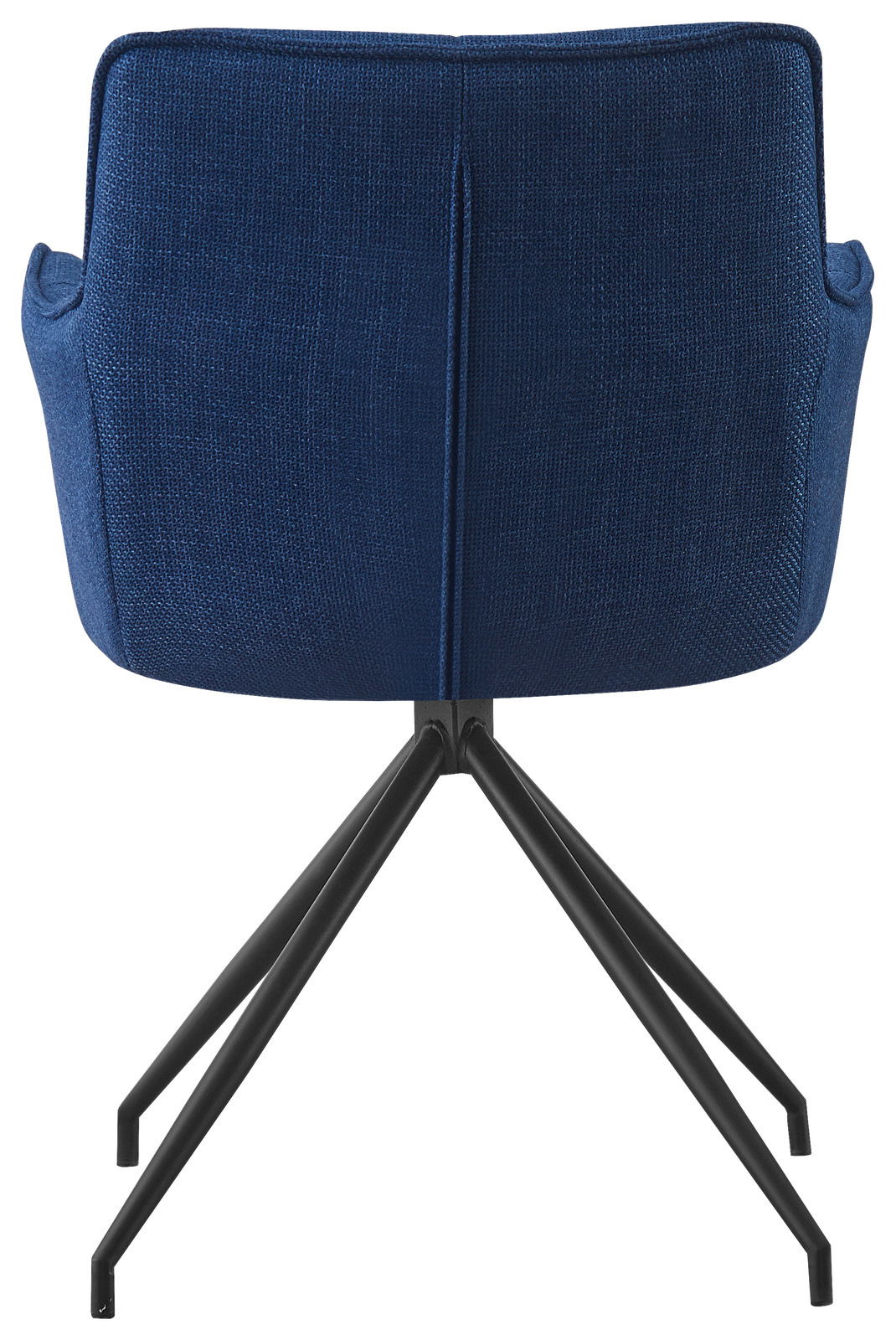Rückansicht eines blauen Armlehnstuhls mit schwarzem Metallgestell
