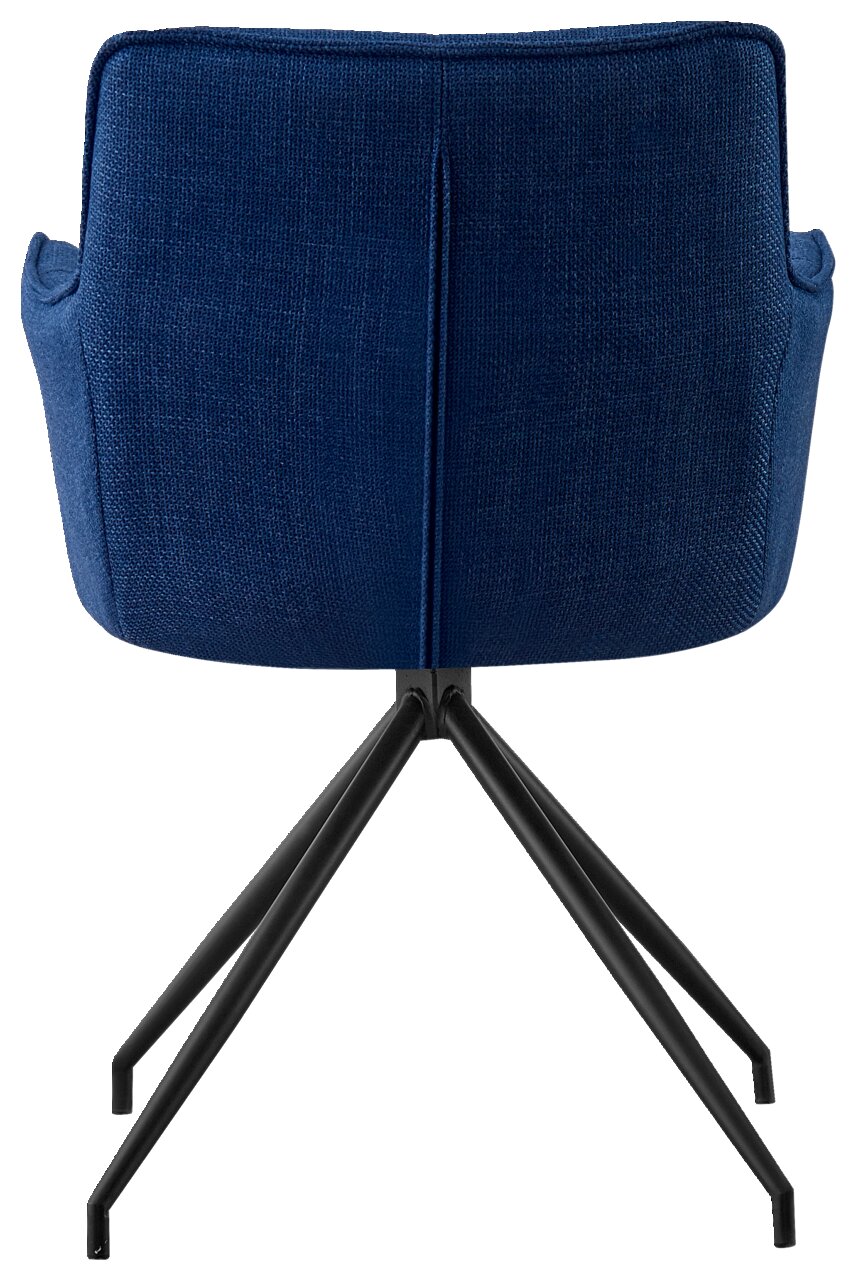 Achterkant van een blauwe fauteuil met een zwart metalen frame