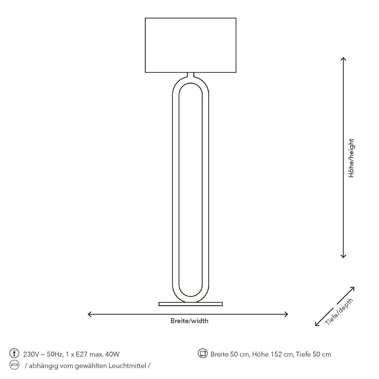 Skizze einer modernen Stehleuchte mit rechteckigem Lampenschirm, frontal betrachtet. Maße: Breite 50 cm, Höhe 152 cm, Tiefe 50 cm.