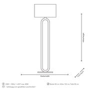 Skizze einer modernen Stehleuchte mit rechteckigem Lampenschirm, frontal betrachtet. Maße: Breite 50 cm, Höhe 152 cm, Tiefe 50 cm.