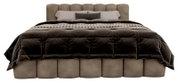 Vooraanzicht van een elegant gestoffeerd bed met een beige hoofdeinde en een donker dekbed.