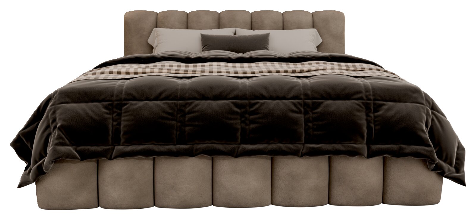 Vooraanzicht van een elegant gestoffeerd bed met een beige hoofdeinde en een donker dekbed.