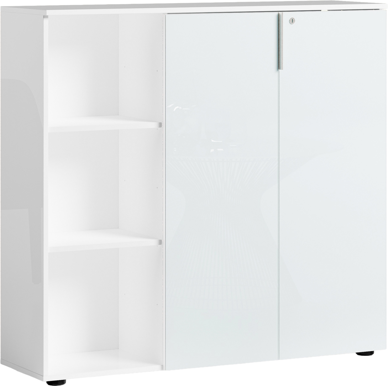 Stylife Lage archiefkast met plank KANTOOR PADUA Weißer, niedriger Aktenschrank mit Regal, linke Seite offen mit zwei Regalböden, rechte Seite mit verschließbarer Tür, Frontalansicht.