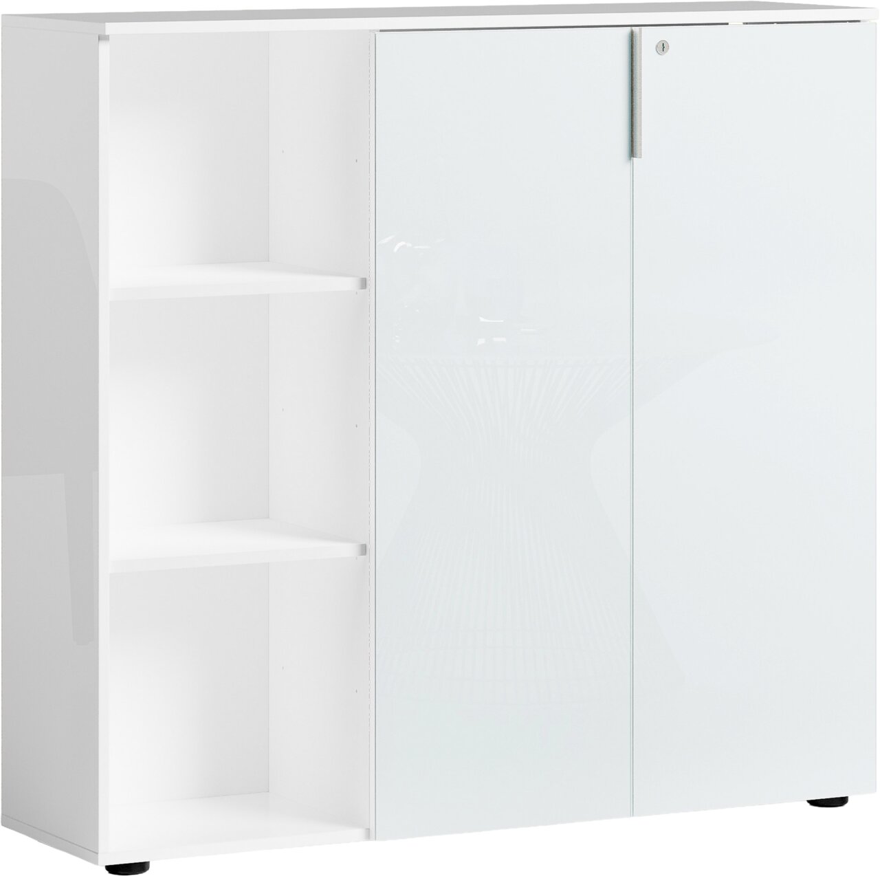 Stylife Aktenschrank niedrig mit Regal PADUA OFFICE PADUA OFFICE Weißer, niedriger Aktenschrank mit Regal, linke Seite offen mit zwei Regalböden, rechte Seite mit verschließbarer Tür, Frontalansicht.