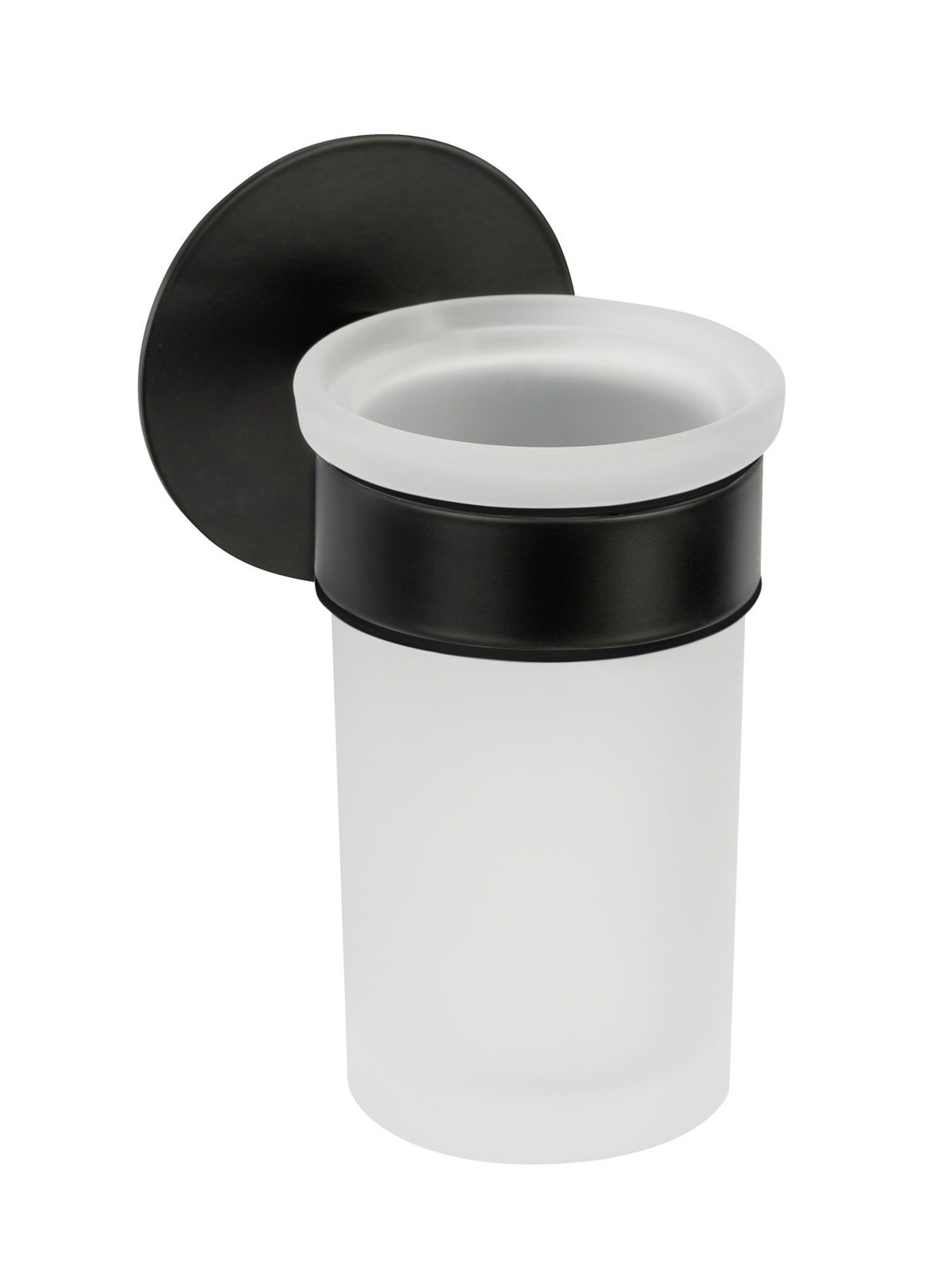 Zahnputzbecherhalter Uno Melet aus mattem Glas und schwarzem Metall, seitliche Perspektive