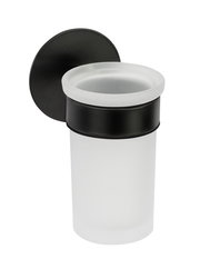 Zahnputzbecherhalter Uno Melet aus mattem Glas und schwarzem Metall, seitliche Perspektive