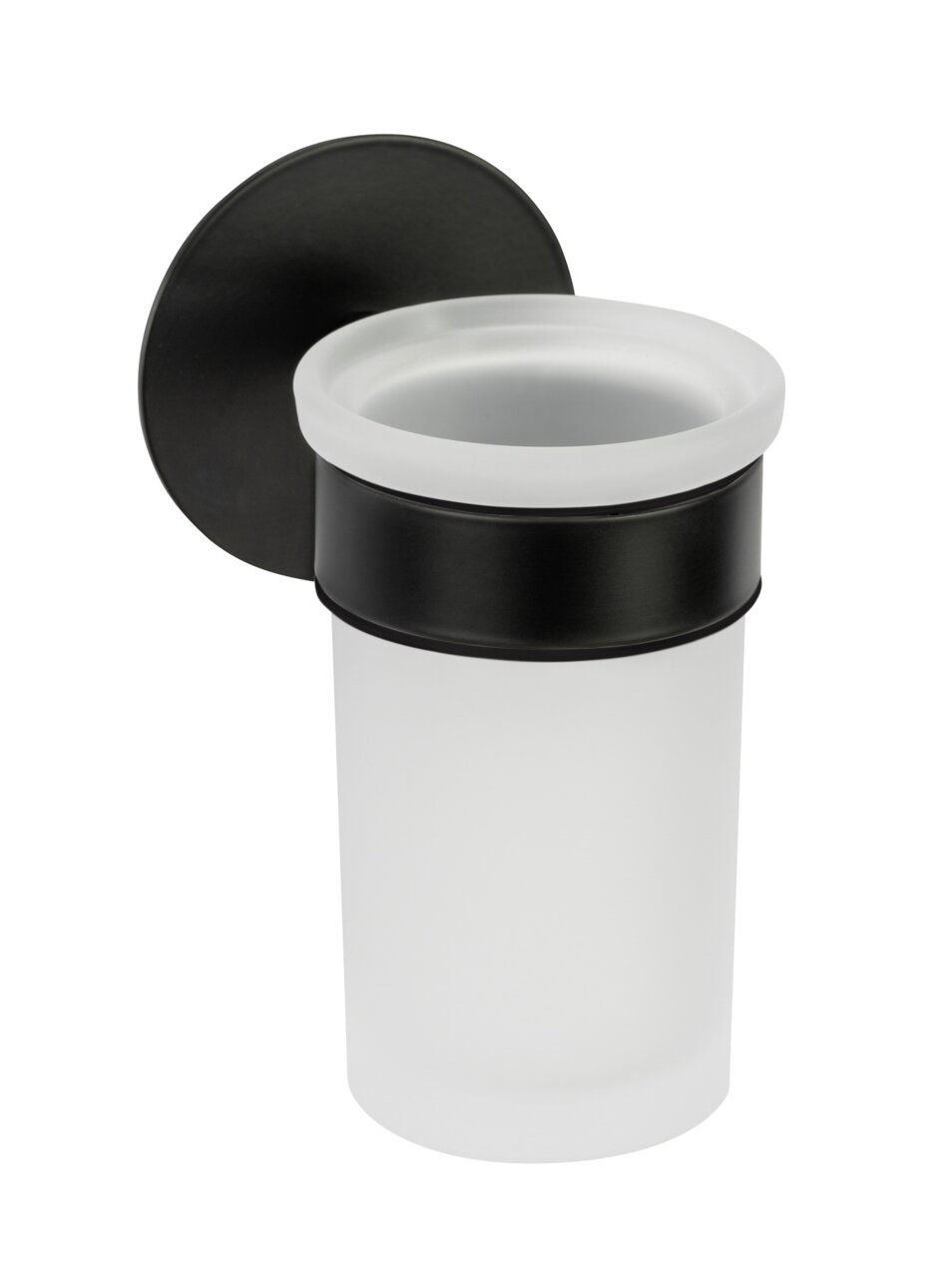 Zahnputzbecherhalter Uno Melet aus mattem Glas und schwarzem Metall, seitliche Perspektive