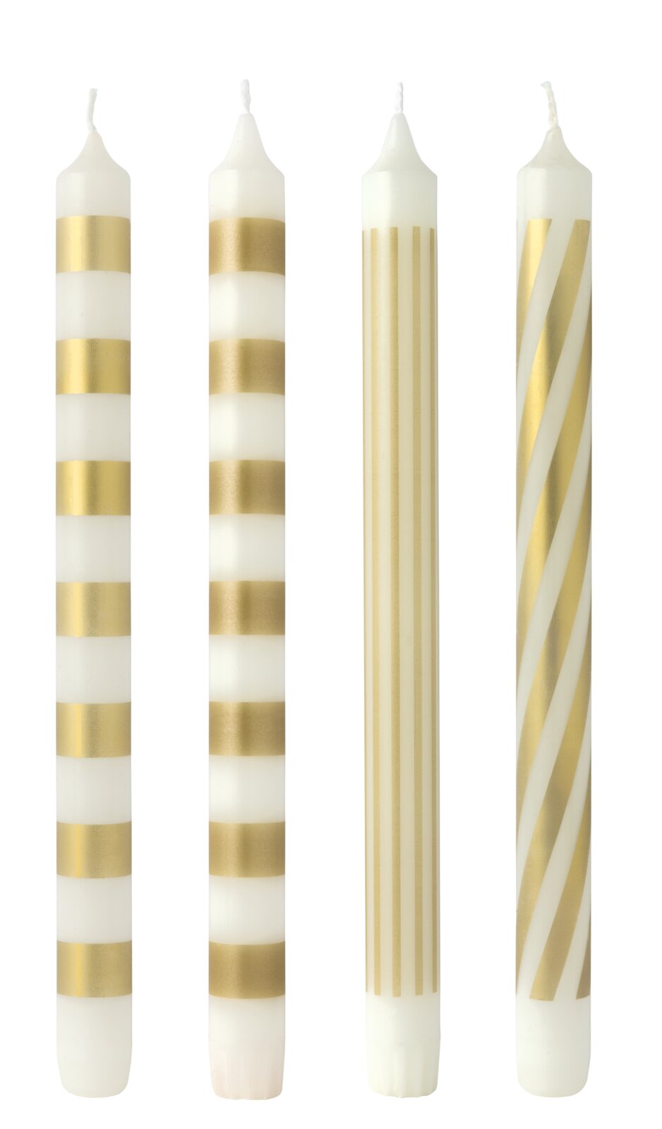 Villeroy & Boch Stabkerzen 4er-Set 29cm Vier weiße Stabkerzen mit glänzenden goldfarbenen Streifen in horizontalen, vertikalen und diagonalen Designs, frontal vor weißem Hintergrund abgebildet