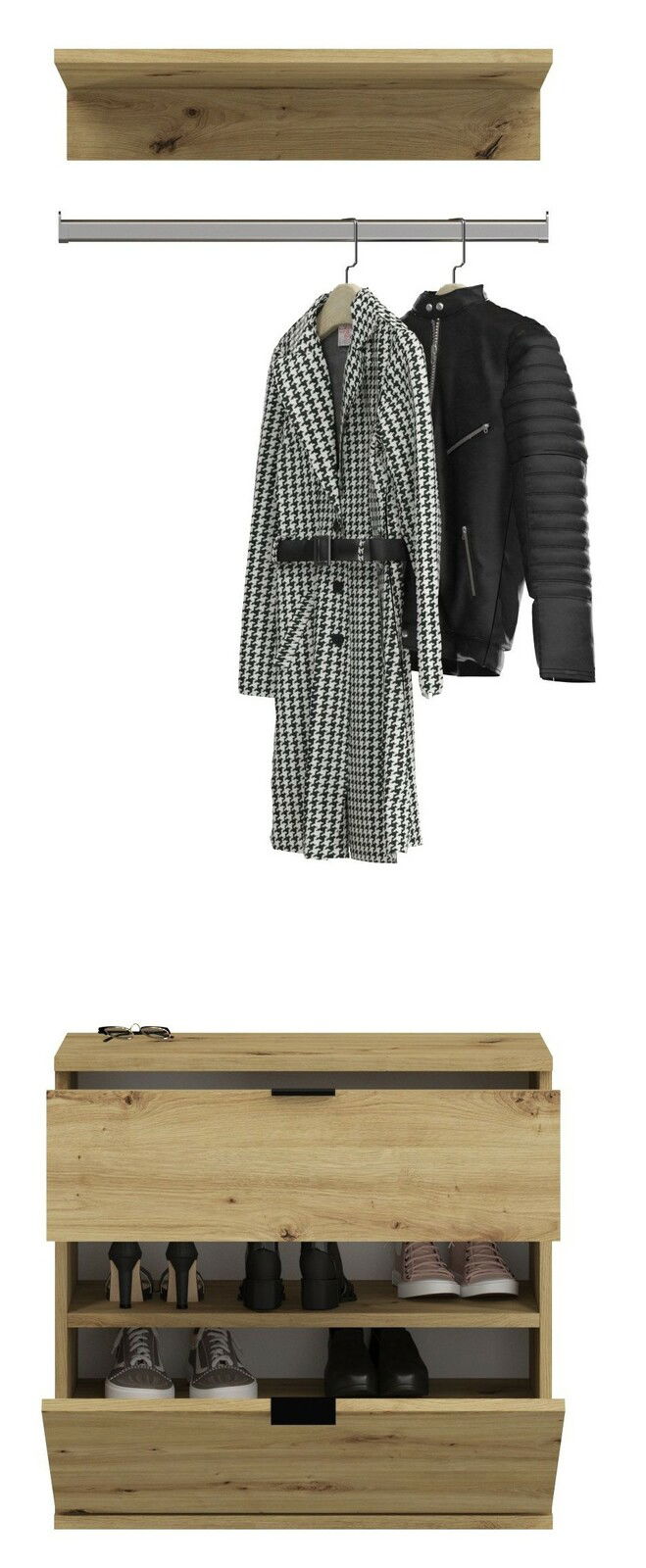 Garderobenkombination aus Holz mit Kleiderstange und Schuhregal, frontal abgebildet.