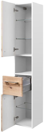 Hochschrank mit zwei offenen Türen und einer Schublade, aus weißem Material mit Holzelementen, seitliche Perspektive